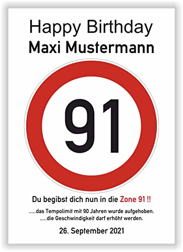 persönliches Geschenk 91 Geburtstag Geschenkidee Oma Opa lustiges Geburtstagsgeschenk - Happy Birthday - 91 Jahre Verkehrszeichen Party Deko personalisiertes Bild von Druck-Geschenk