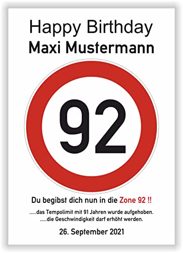 persönliches Geschenk 92 Geburtstag Geschenkidee Oma Opa lustiges Geburtstagsgeschenk - Happy Birthday - 92 Jahre Verkehrszeichen Party Deko personalisiertes Bild von Druck-Geschenk