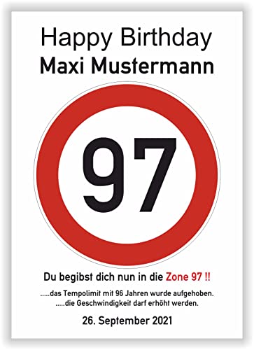 persönliches Geschenk 97 Geburtstag Geschenkidee Oma Opa lustiges Geburtstagsgeschenk - Happy Birthday - 97 Jahre Verkehrszeichen Party Deko personalisiertes Bild von Druck-Geschenk