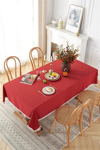 Dsnyu Table Cover Red, Tischtuch Abwaschbar Baumwollspitze Einfarbig mit Samtball Tischdecke 140X180CM für Küche Wohnzimmer Esszimmer von Dsnyu