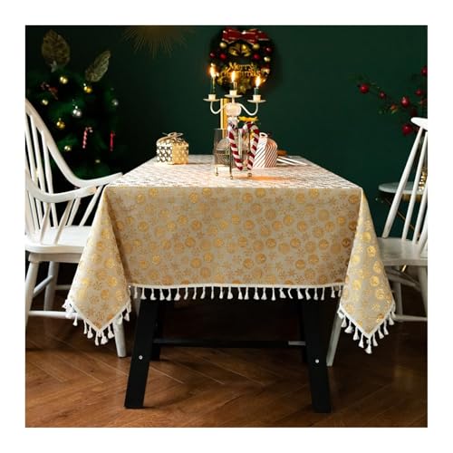 Leinen Tischdecke Quadratisch, Tischdecke Moderno Gold Weihnachtsthema mit Quaste Table Cloth 140X140CM für Geburtstag Party Hochzeit von Dsnyu