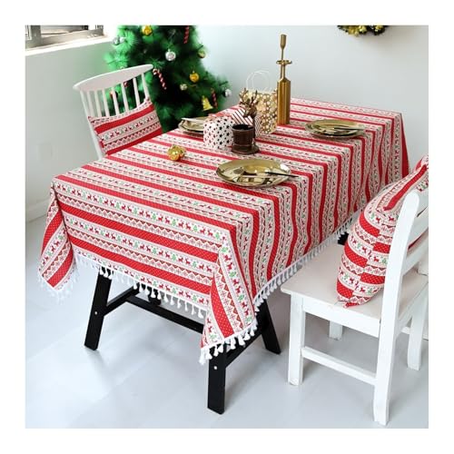 Table Cloth for Birthday Decoration, Tischdecke Party Rot Leinen Weihnachtsmotiv Hirsch mit Quaste Table Cover 135X200CM für Geburtstag Hochzeit von Dsnyu