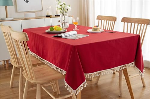 Tischdecke Baumwolle Rot, Tischtuch Abwaschbar Einfarbig mit Quaste Table Cover 100X160CM für Küche Wohnzimmer Esszimmer von Dsnyu