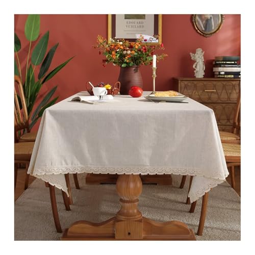 Tischtuch Beige, Tischdecke Abwaschbar Baumwollspitze Einfarbig mit Quaste Table Cover 140X160CM für Küche Wohnzimmer Esszimmer von Dsnyu