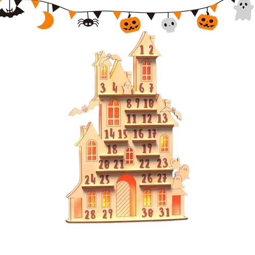 Dtaigou 31-tägiger Halloween-Adventskalender,Halloween-Adventskalender aus Holz - Holz-Halloween-Kalender-Dekor | Countdown zum Halloween-Geisterfledermaushaus-Designkalender mit beweglichen Blöcken von Dtaigou