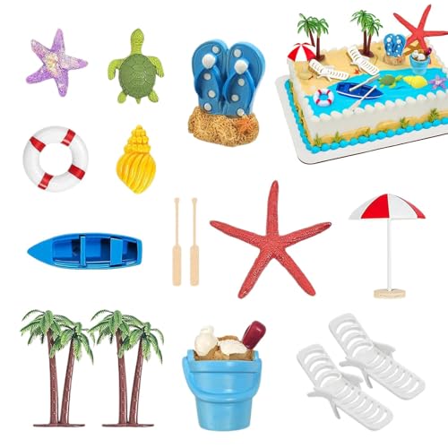 Dtaigou Strand-Kuchendekorationen, Strand-Kuchenaufsätze, 15X Strand-Miniaturdekorationen, Seestern, Muschel, Meeresschildkröte, Eimer, Schwimmring, Kuchenaufsatz-Set für Sandkasten, Aquarium von Dtaigou