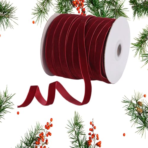 Samtband, 50 Yards Weihnachtsband mit Spule, Burgunderrotes Samtband, für Weihnachtsbaum, Blumenstrauß, Kranzdekorationen, Schleifenherstellung von Dtaigou