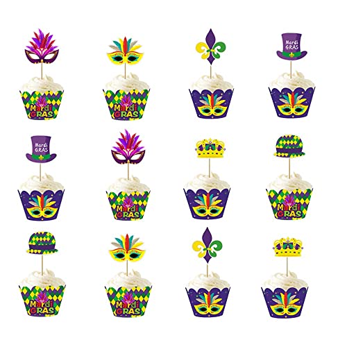 Dtzzou 24 Stück Mardi Gras Cupcake Topper Maskerade Gesichtsbedeckung Cupcake Topper für Karneval Party Dekorationen Maskerade Party Supplies von Dtzzou