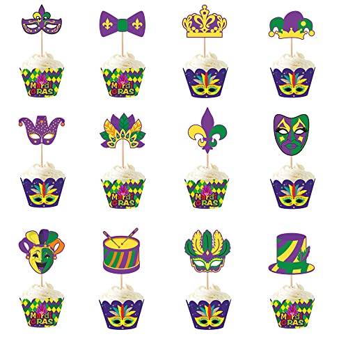 Dtzzou 24 Stück Mardi Gras Cupcake Topper Maskerade Gesichtsbedeckung Cupcake Topper für Karneval Party Dekorationen Maskerade Party Zubehör (neues Design) von Dtzzou