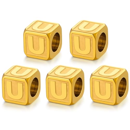 Buchstabenperlen aus Edelstahl, nicht anlaufend, goldfarben, Metall-Buchstabenperlen, 8 x 8 mm, große quadratische Buchstabenperlen, Buchstaben-Anhänger für Armbänder, Halsketten, Taschenanhänger, von DualCozy