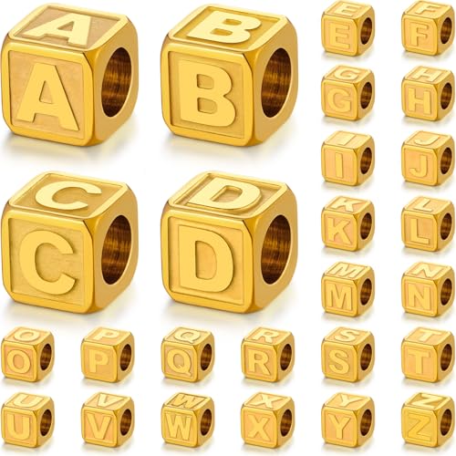 Buchstabenperlen aus Edelstahl, nicht anlaufend, goldfarben, Metall-Buchstabenperlen, 8 x 8 mm, große quadratische Buchstabenperlen, Buchstaben-Anhänger für Armbänder, Halsketten, Taschenanhänger, von DualCozy