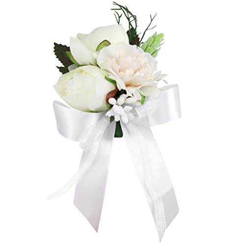 Dualoai Handgelenk Corsage Bridal Armband Hochzeit Prom Hand Blume, Weiß, 16x8x5cm von Dualoai