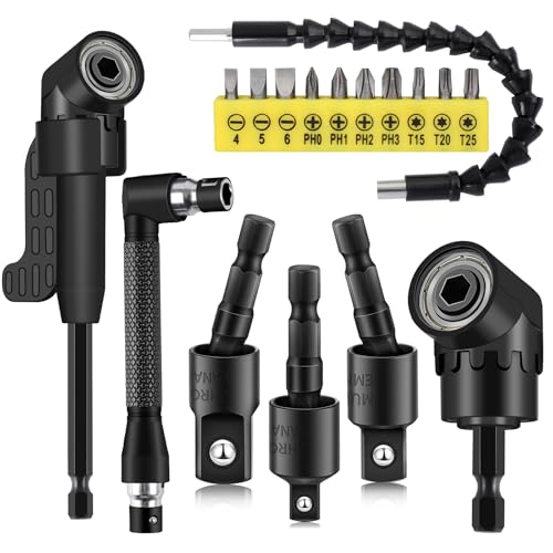 17-teiliges rechtwinkliges Bohreraufsatz-Set enthält 3 x um 360° drehbare 1/4 3/8 1/2 Zoll Schlaggrad-Adapter, 90° abgewinkelte Bits und biegbare Bohrerverlängerung, 10 kurze Schraubendreher-Bits von Dualshine