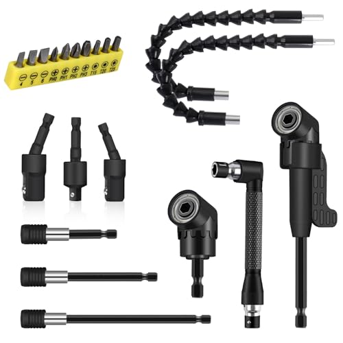 21-teiliges rechtwinkliges Bohreraufsatz-Set beinhaltet 2 flexible Bohrerverlängerungen, 3 Stück, 360° drehbar, 1/4 3/8 1/2 Zoll Schlaggrad-Stecknuss-Adapter, 3 Bohrerhalter, 10 kurze von Dualshine