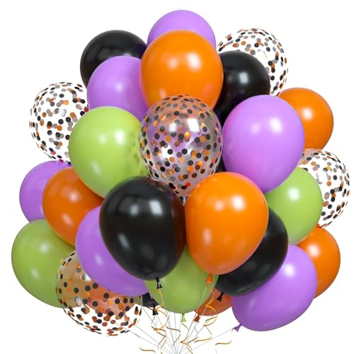 Luftballons Schwarz Orange Lila Grün, 60 Stück Halloween Party Deko Ballons, Dunkel Lila Fruchtgrün Schwarz Orange Konfetti Latex Helium Luftballon für Kinder Geburtstag Halloween Dekoration Geschenk von Dudu Cream