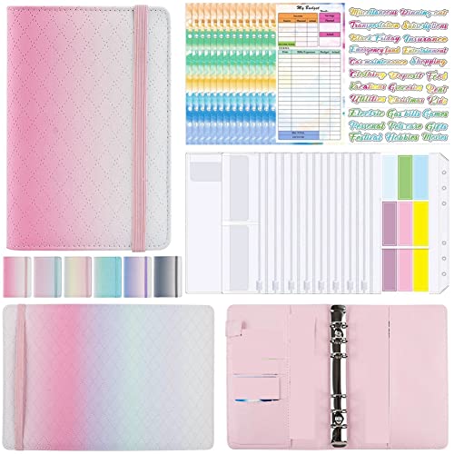 Duendhd A6 Gradient Macaron Binder Hand Ledger Notizbuch Leder PU Loseblatt Buch Bargeld Budget Buch mit Reißverschlusstasche Rosa von Dasing