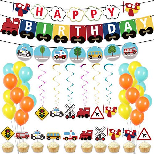 Duendhd Transportthema Luftballons Set Happy Birthday Banner Girlande Zug Schule Bus Feuer Kuchen Topper Baby Party von Dasing