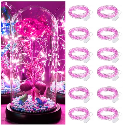 Dufuso 12 x 20er LED Lichterkette Batterie Dekoration für Hochzeit, Mini led lichterkette mit batterie CR2032, 2M Kupfer Drahtlichterkette Wasserdichte für Party, Weihnachts - Rosa von Dufuso