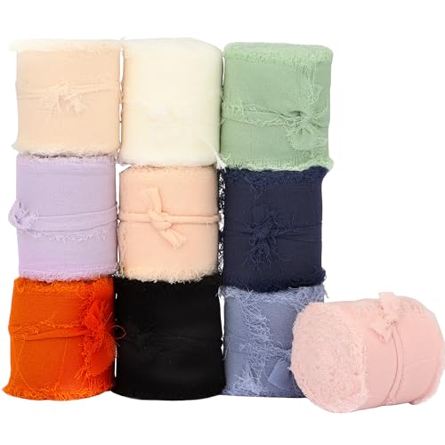 Chiffon-Seidenband Dulinkas mit ausgefranstem Rand, 3,8 cm breit, insgesamt 45 m, handgefertigt, Fransen-Seiden-Chiffonband für Bastelarbeiten, Hochzeiten und Heimdekoration, 10 Farben A, 10 Rollen von Dulinkas