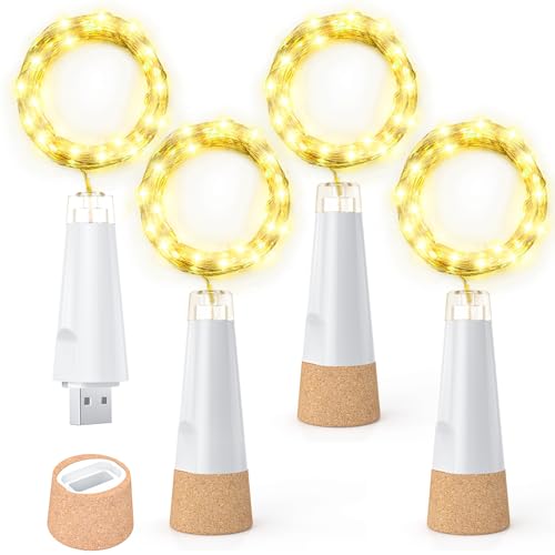 Dumcuw Flaschenlichter, 20 LED Lichterketten Batteriebetrieben USB Wiederaufladbar 2024 Flaschenlichter mit Kork für Weihnachtsdekorationen, Licht 16-24h pro Ladung (4 Pack/Warmweiß) von Dumcuw