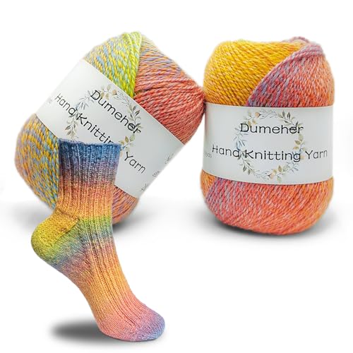 Dumeher Sockenwolle 2 Stücke Sockengarn Wolle zum Stricken & Häkeln mit Farbverlauf Handstrickgarn aus 80% Schurwolle, 20% Nylon, 50g/200m/1 Rolle Garn, Regenbogenfarben von Dumeher