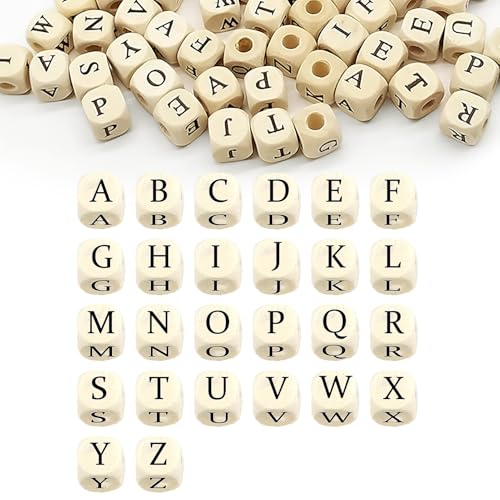 100 Stück Holzbuchstaben Perlen, 10mm Alphabet Würfel aus natürlichem Buchenholz,Ausgestattet mit 10 passenden Seilen,A-Z Alphabet Buchstabenwürfel Holz,für DIY Schmuck, Armbänder und Dekorationen von Dumhuts