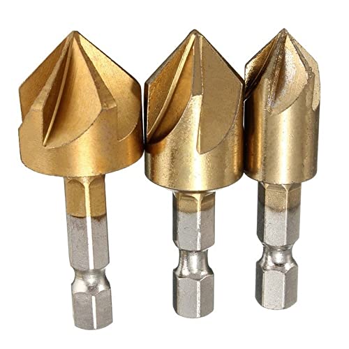 Dunxiles 3/6-Teiliger Senker-Bohrer-Satz, 1/4 Zoll Sechskantschaft, HSS, 5-Flöten-Senker, 90-Grad-Holzfasenfräser, Fase 6 mm-19 mm (Farbe: 12 16 19), Hardware-Werkzeuge von Dunxiles