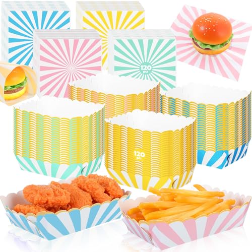 Dunzoom Pastellpapier-Tabletts mit fettabweisendem Wachs, Delikatpapier, Einweg-Lebensmittelboote, 4 Farben mit gewellter Goldfolie, Pastell-Partyzubehör für Hot Dog-Pommes, Taco-Popcorn, 120 Sets von Dunzoom