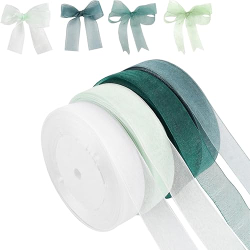 Duoleimi Geschenkbänder Schleifenband Seidenband Breit Set - 4 Rollen 45m Chiffonband Organzaband Satinband Grünes Hochzeit Dekoband Bänder zum Basteln in Aquagrün, Dunkelgrün, Graugrün, Weiß von Duoleimi