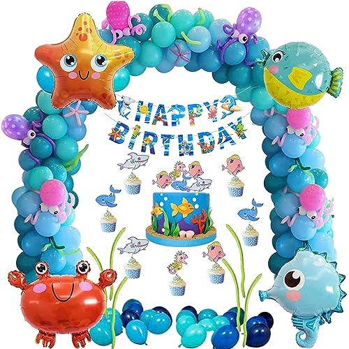 Meerestiere Luftballons Shark Folienballons Ozean Tier Alles Gute zum Geburtstag Banner Kuchen Topper für Kindergeburtstag Deko von Duonome