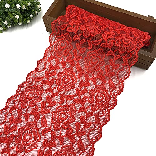 10 Yards 18cm Breite Bunte Elastizität Spitzenbordüre Spitzenband,Rose Blumen Muster Spitzenborte Dekoband Zierspitze Zierband Spitzenstoff zum Nähen DIY Basteln Kleidung Unterwäsche Deko,Rot von Duories