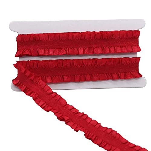 10 Yards 25 mm Elastische Stretch-Spitzenborte,Bilateral Geraffte Rüschen Chiffonband,Doppelrüschen Spitzenband für Hochzeit Applikationen DIY Nähen Handwerk Geschenkbox,Partydekoration,Rot von Duories