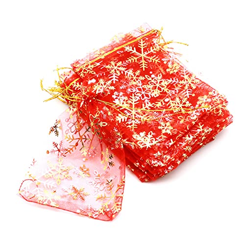 100PCS Organzasäckchen mit Schneeflocken,10x15cm Organzabeutel Zum Befüllen,Tunnelzug Organza Schmuckbeutel für Schmuck Süßigkeiten Baby Shower Party Weihnachts Verpackung Hochzeit Bonbonsbeutel,Rot von Duories