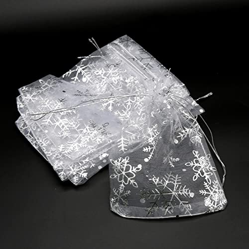 100x Organzasäckchen mit Schneeflocken,10x15cm Organzabeutel Zum Befüllen,Tunnelzug Organza Schmuckbeutel für Schmuck Süßigkeiten Baby Shower Party Weihnachts Verpackung Hochzeit Bonbonsbeutel,Silber von Duories