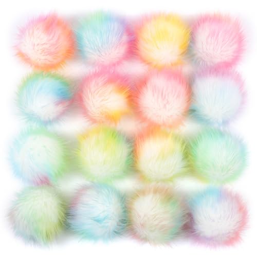 12 STK 10-11cm Kunstfell Pompons, Kunstfell Bommeln zum Basteln, Künstliche Fellbommel Flauschige Bommel Pom Pom zum Basteln DIY Handwerk Mützen Handschuhe Tasche Anhängern Dekor,Weißer Regenbogen von Duories