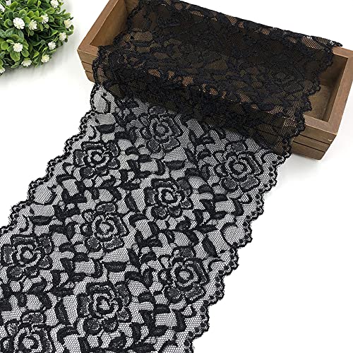 3 Yards 18cm Breite Bunte Elastizität Spitzenbordüre Spitzenband,Rose Blumen Muster Spitzenborte Dekoband Zierspitze Zierband Spitzenstoff zum Nähen DIY Basteln Kleidung Unterwäsche Deko,Schwarz von Duories