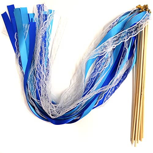 30 Stk Seidenfeenstab mit Glöcken,Hochzeit Luftschlangen Ribbon Spitzenfeenstab Zauberstäbe Hochzeitsbändern Glücksstäbe Wedding Wands für Hochzeit Geburtstage Weihnachten Partys Babypartys,Blau von Duories