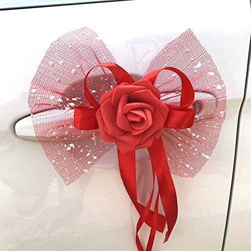 4 Stück Autoschmuck Hochzeit Auto Deko Rose Blumen Dekoschleife Fertigschleife Autoschleifen Antennenschleifen für Hochzeit Deko Auto Rückspiegel Türgriff Deko Blumen,Rot von Duories