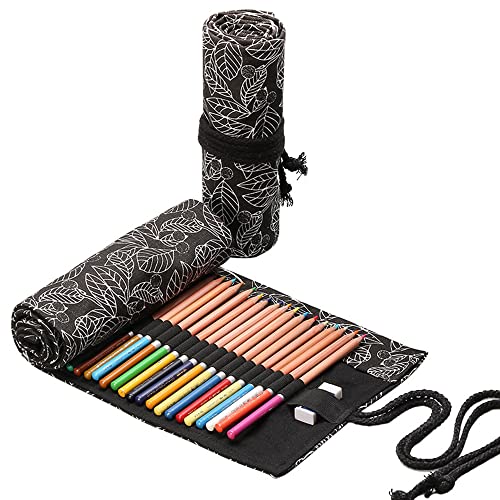 48 Löcher Handgefertigter Canvas-Bleistiftwickel,Unisex Federmäppchen Pencil Case Bleistift Wrap Kasten Bleistifthalter Schreibwarenbeutel Bleistift Beutel für Künstler Schule Büro,Schwarze Blätter von Duories