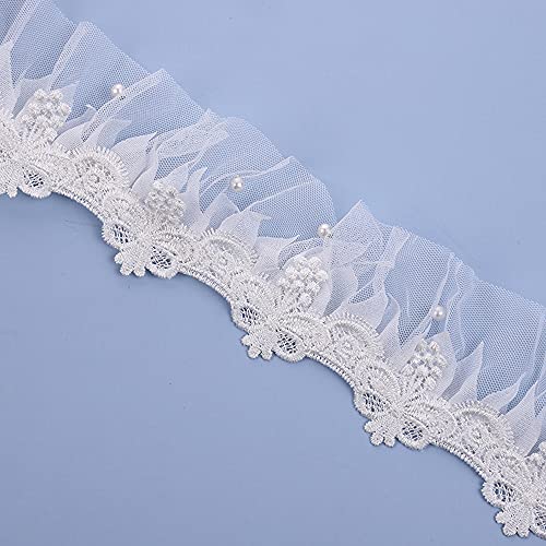 5 Yard Spitzenband Spitzenbordüre,Perle Plissee Tüll Häkelspitze Rüschen Trim Dekorband Häkel-Borte Spitzenbesatz für DIY Basteln Nähen Kleidung Rock Tischdeko Hochzeit Brautkleid Dekoration,7cm von Duories