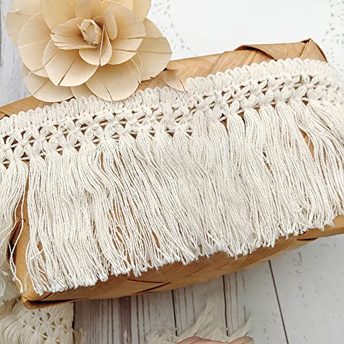 5 Yards 8cm Breite Beige Baumwolle Quaste Spitzenband Fransenbesatz Spitzenbesatz zum Nähen Fransenborte Quaste Trimmen Nähzubehör für DIY Kostüme Bekleidung Vorhang Kleidung Tischdecke Hochzeit Deko von Duories