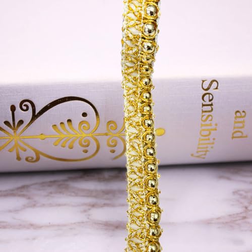 5 Yards Perlenband Vintage 1,5 cm breit Glitzer Gold Kordelband Dekoband Zierband Geschenkband für Hochzeit Deko DIY Handwerk Kleidung Rucksack Haarschmuck Nähzubehör von Duories