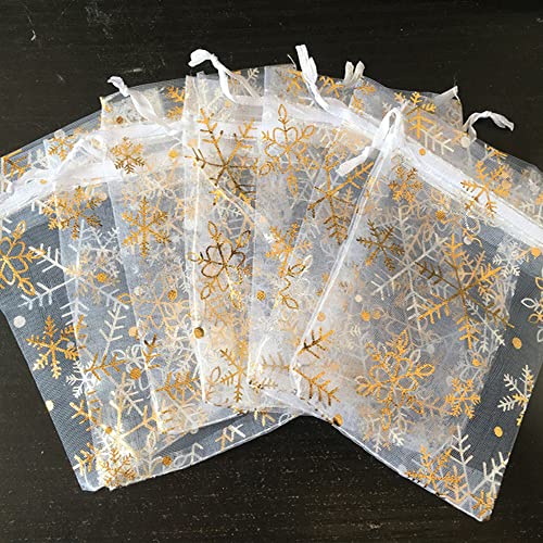 50PCS Organzasäckchen mit Schneeflocken,10x15cm Organzabeutel Zum Befüllen,Tunnelzug Organza Schmuckbeutel für Schmuck Süßigkeiten Baby Shower Party Weihnachts Verpackung Hochzeit Bonbonsbeutel,Gold von Duories