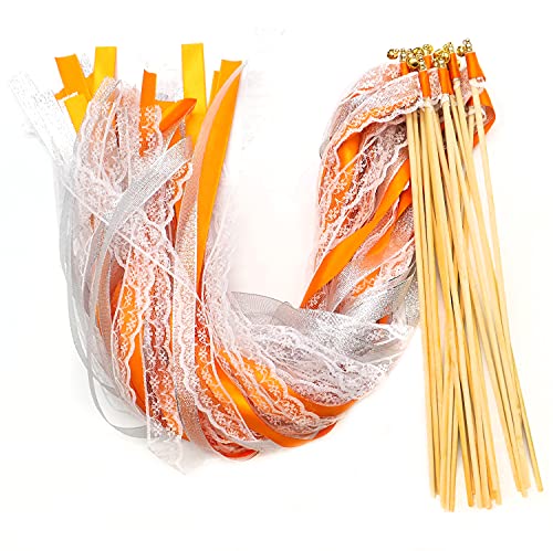 50x Hochzeit Zauberstäbe mit Glocken,Spitzen Luftschlangen Seide Fee Stick,Lace Ribbon Wedding Wands Fairy Stick Wish Wands für Hochzeit Partys Babypartys Geburtstag Urlaub Feiern Weihnachten,Orange von Duories