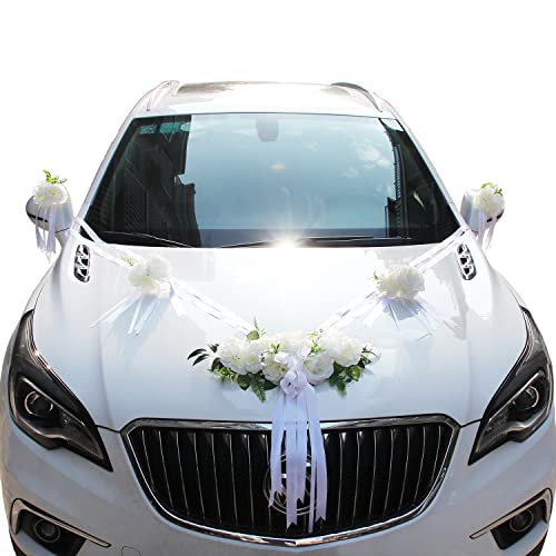 Autoschmuck Hochzeit,Braut Paar Rose Blumen Deko Auto Schmuck Brautwagen Girlande Band Dekoration Wedding Hochzeitsauto Deko Hochzeit Auto Dekoration Hochzeitsdekoration,Hochzeitsdeko Auto,Weiß von Duories