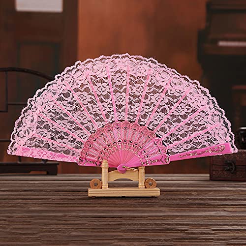 Damen Handfächer Stofffächer,Hochzeitsfächer Spitze,Vintage Spanische Barock Viktorianischen Sommer Faltfächer für Hochzeiten Geburttag Party Kostüm Halloween Karneval Fasching Tanzen Hand Fan,Rosa von Duories