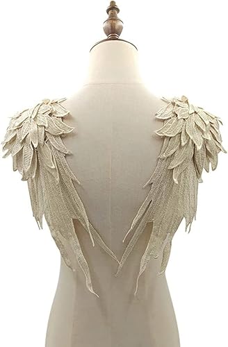 Duories 1 Paar 3D Stickerei Spitze Bestickte Flügel Applikation DIY Kleidung Zubehör Mehrfarbig Spitzenmotive Patches Polyester Nähen Handwerk Zubehör,Ideal für Hochzeit Braut Ballkleid,39x15cm,Beige von Duories