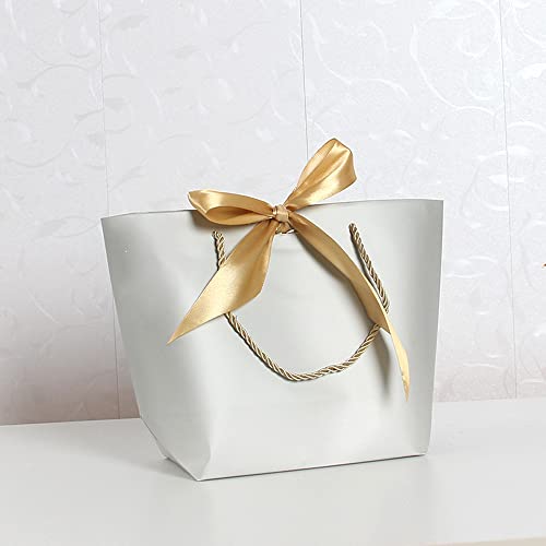 Duories 10 Stück Papiertüten Geschenktüte mit Schleifenbändern,21x14x16x7cm Geschenktaschen mit Griffen zum Verpacken von Geschenken für Geburtstag Hochzeit Feier Party Weihnachten Erntedankfest,Grau von Duories