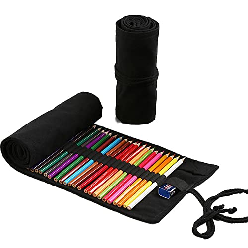 Duories 12 Löcher Handgefertigter Canvas-Bleistiftwickel,Unisex Federmäppchen Pencil Case Bleistift Wrap Kasten Bleistifthalter Schreibwarenbeutel Bleistift Beutel für Künstler Schule Büro,Schwarz von Duories