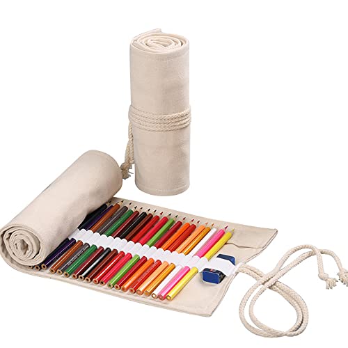 Duories 24 Löcher Handgefertigter Canvas-Bleistiftwickel,Unisex Federmäppchen Pencil Case Bleistift Wrap Kasten Bleistifthalter Schreibwarenbeutel Bleistift Beutel für Künstler Schule Büro,Beige von Duories